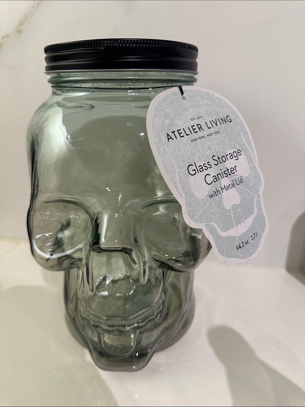 Atelier Living Glass Skull Canister with Black Lid